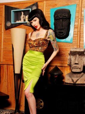Deadly Curves Skirt in Lime Green Shakira Satin Large Deadly Dames Retro